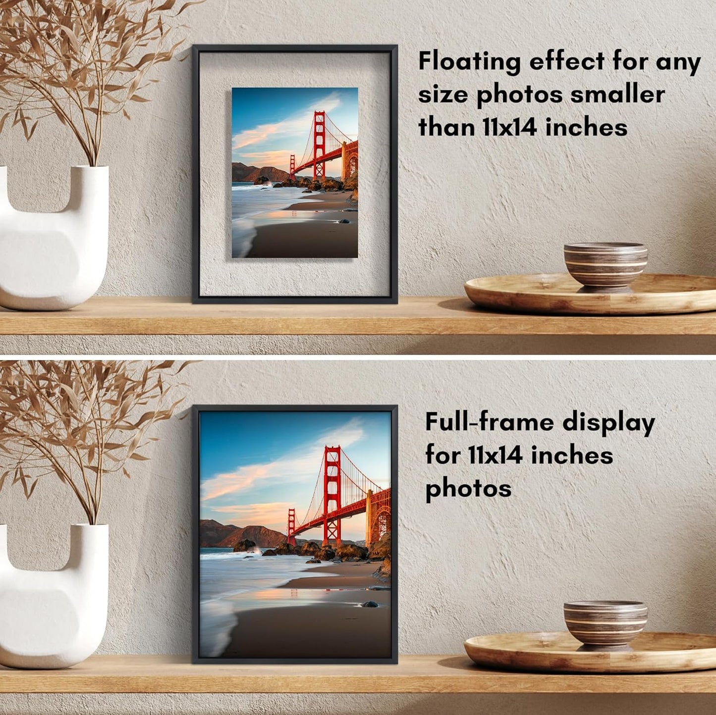 Americanflat Aluminum 11x14 Floating Picture Frame with Shatter-Resistant Glass - Use as 8x10 Picture Frame or Display 11x14 Photo - Signature Float Collection - Photo Frames for Wall Display - Black