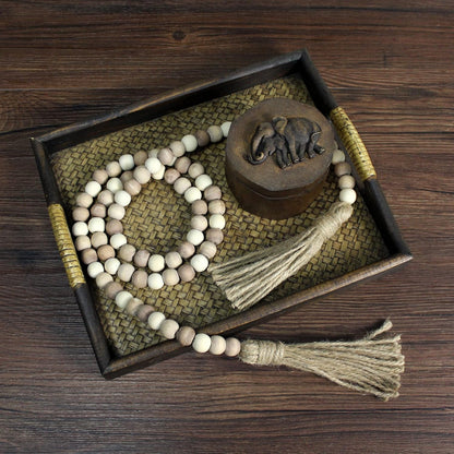 CVHOMEDECO. Wood Beads Garland with Tassels Farmhouse Rustic Wooden Prayer Bead String Wall Hanging Accent for Home Festival Decor. Mix Distressed