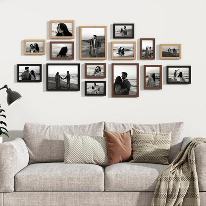 Venusmiles 15 Pack Picture Frames Collage Wall Decor, Gallery Frame Set for Wall Mounting or Tabletop Display, Multi Sizes Including 3pcs 8x10, 6pcs 5x7, 6pcs 4x6, Oak