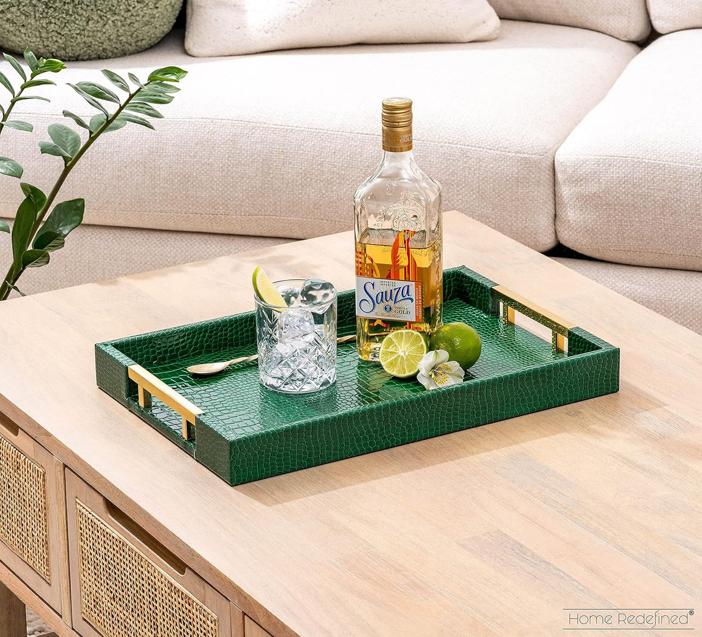 Home Redefined Beautiful Modern Elegant 17.5"x12" Rectangle Classic Black Faux Leather Decorative Tray Ottoman Coffee Table Perfume Living Room Kitchen Serving Tray with Handles for All Occasion's