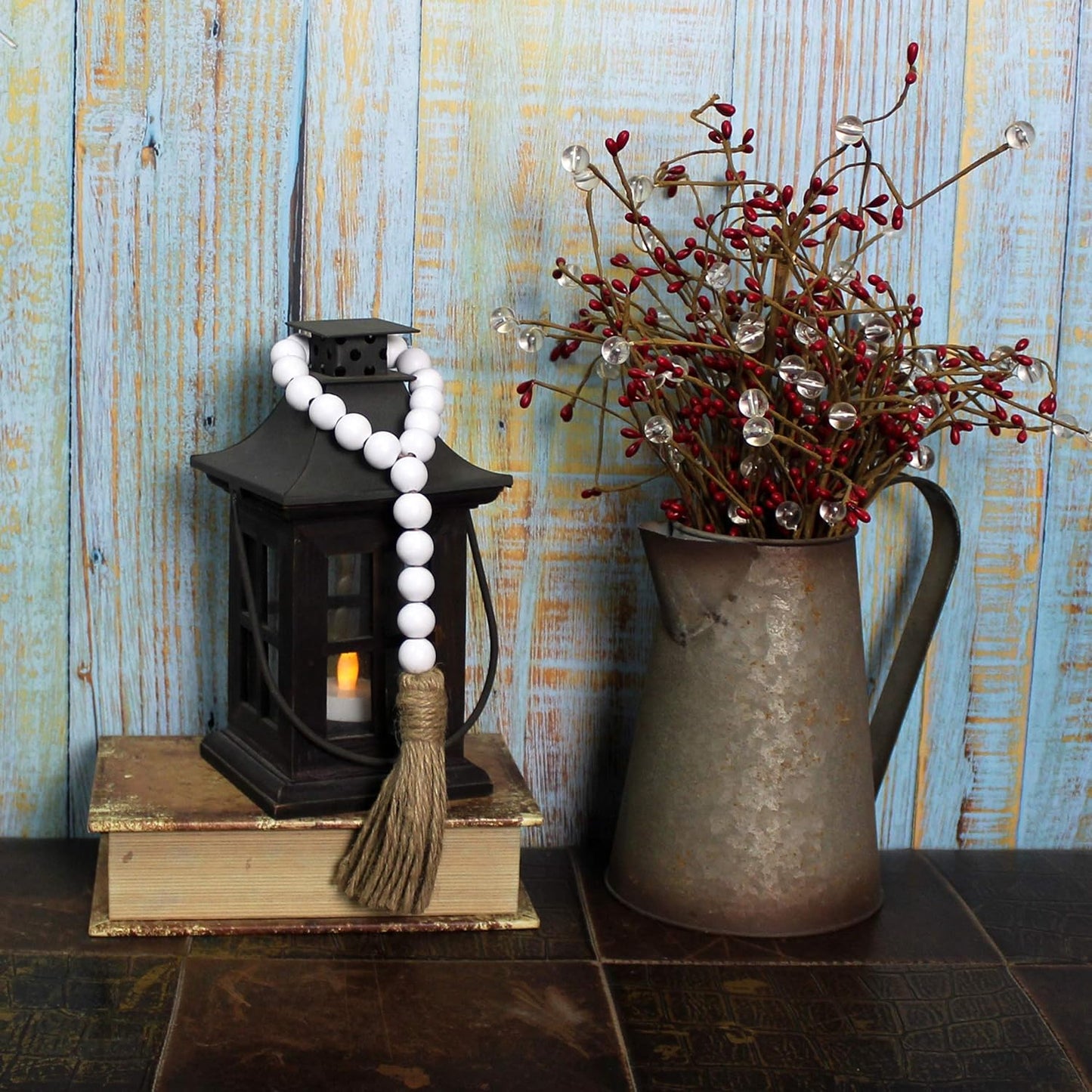 CVHOMEDECO. Wood Beads Garland with Tassels 3 PCS Farmhouse Rustic Wooden Prayer Bead String Wall Hanging Accent for Home Festival Decor. Natural