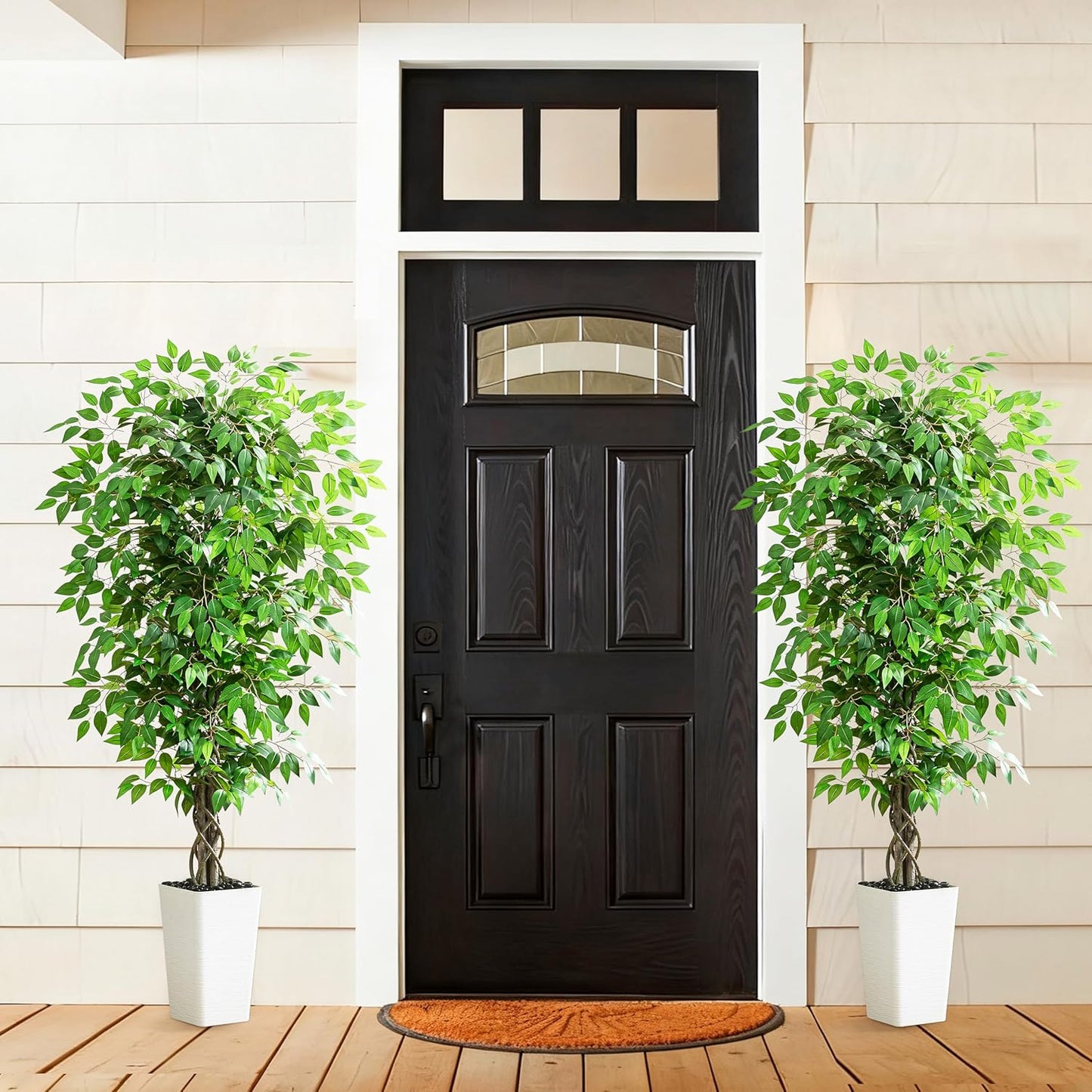 Artificial Ficus Tree 6FT Faux Plants Indoor Tall Fake Plants with White Planter, Green Lifelike Lush Fake Ficus Tree for Home Living Room Bedroom Outdoor Balcony House Office Decor