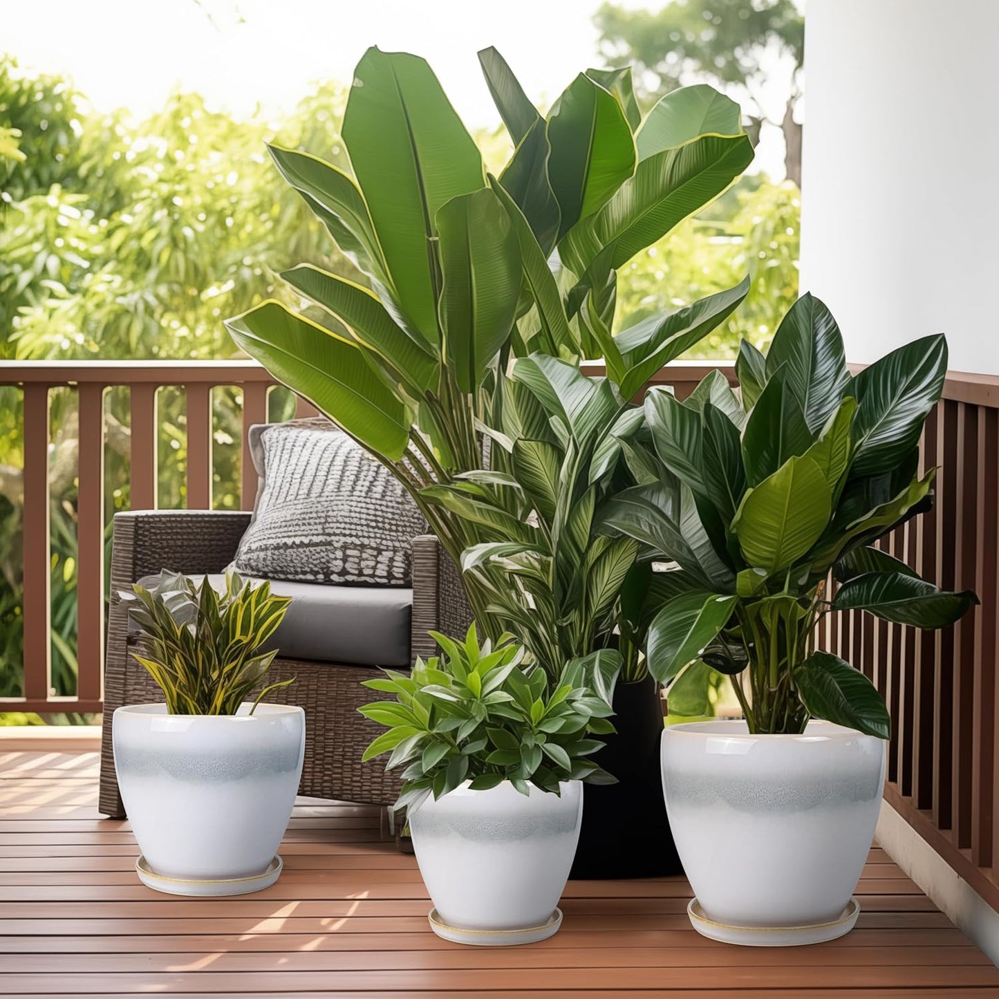 10 Inch Ceramic Planter Pot Round Plant Pot for Indoor Plants Outdoor Large Flower Pot with Drainage Hole and Saucer Blue
