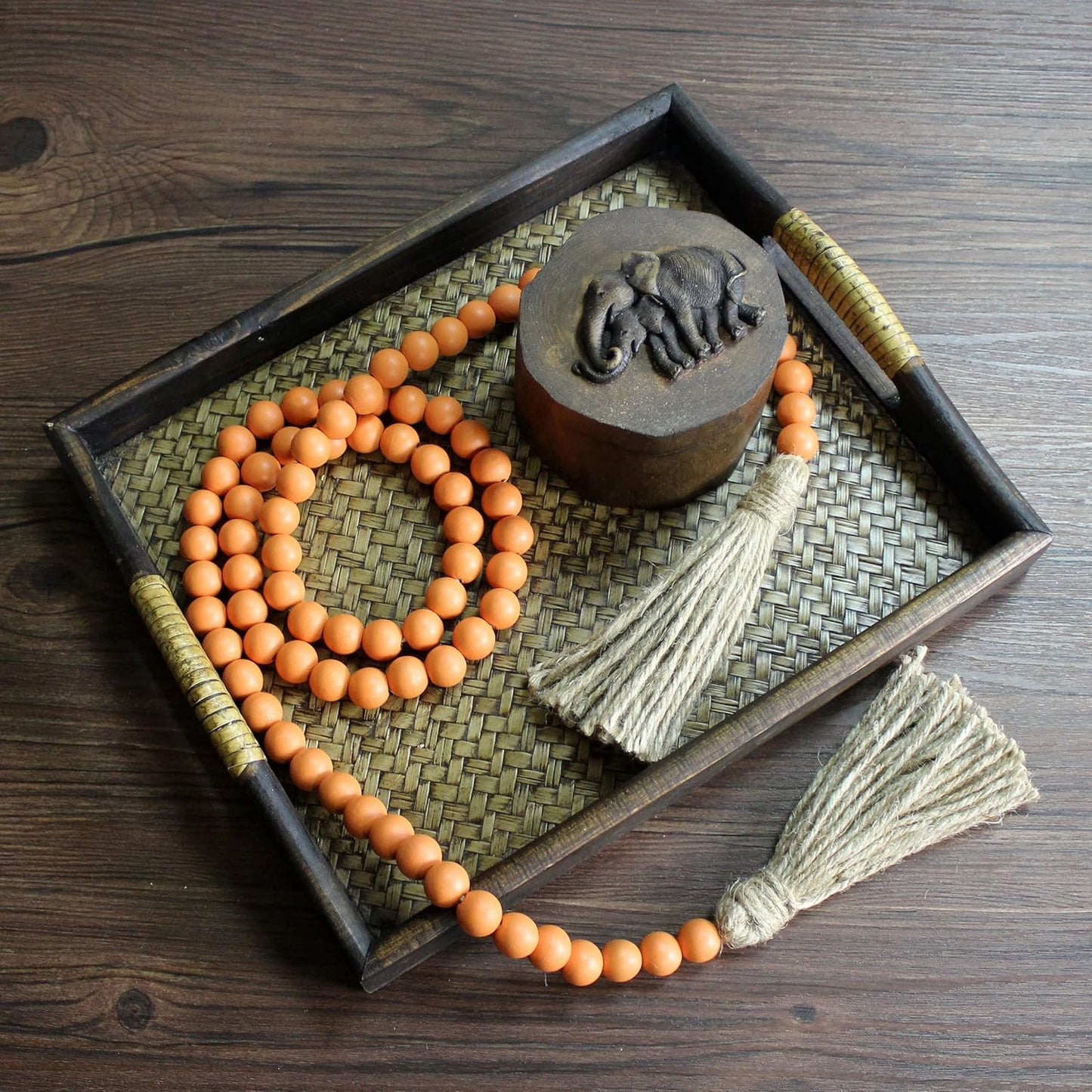 CVHOMEDECO. Wood Beads Garland with Tassels Farmhouse Rustic Wooden Prayer Bead String Wall Hanging Accent for Home Festival Decor. Mix Distressed