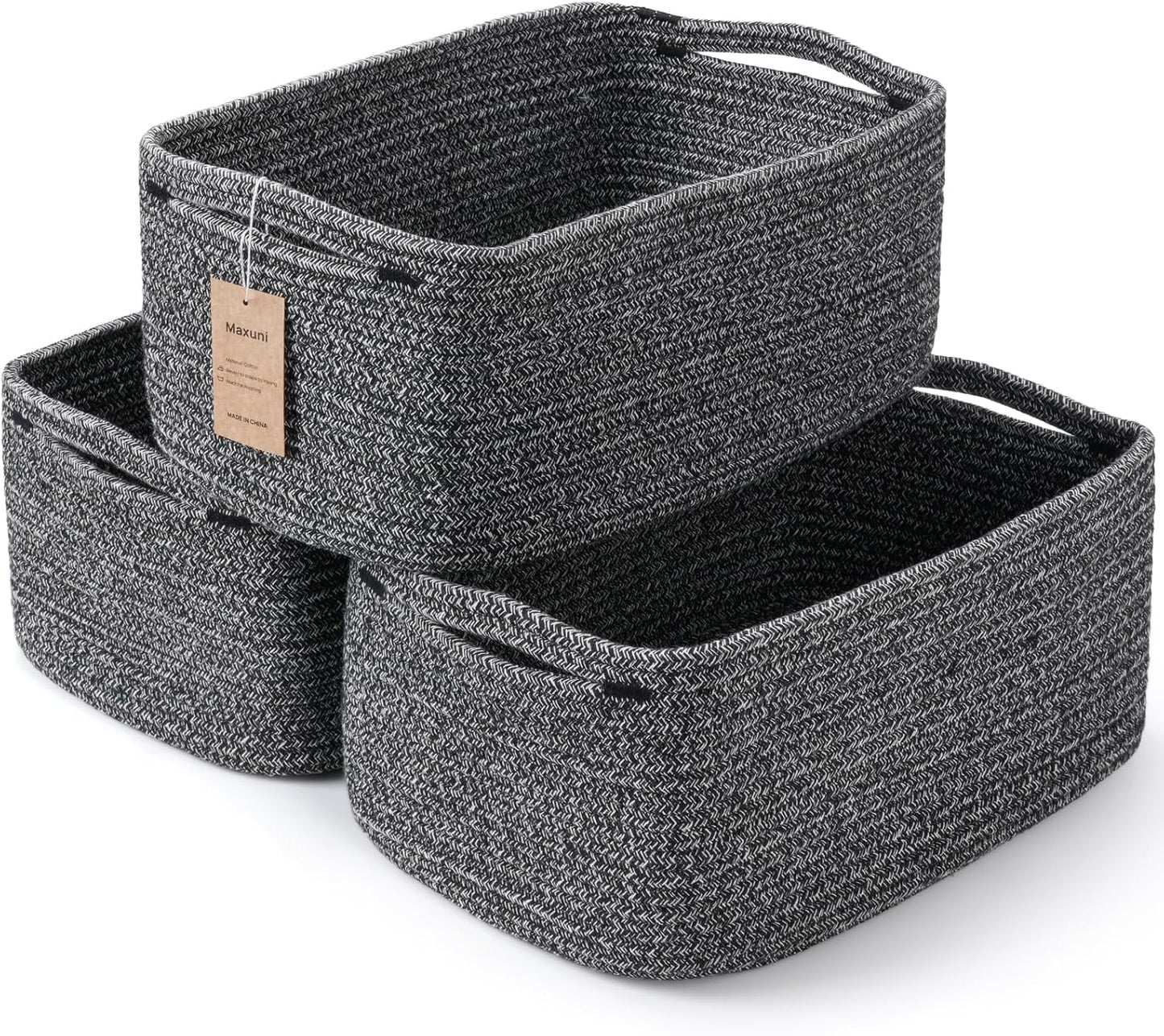 3-Pack Small Storage Baskets for Organizing | Woven Shelf Toy Basket | Rope Baskets for Gifts Empty | Closet Organizer Bins with Handles | Cube Decorative Box | 11.8×7.8×5.1” | Mixed brown