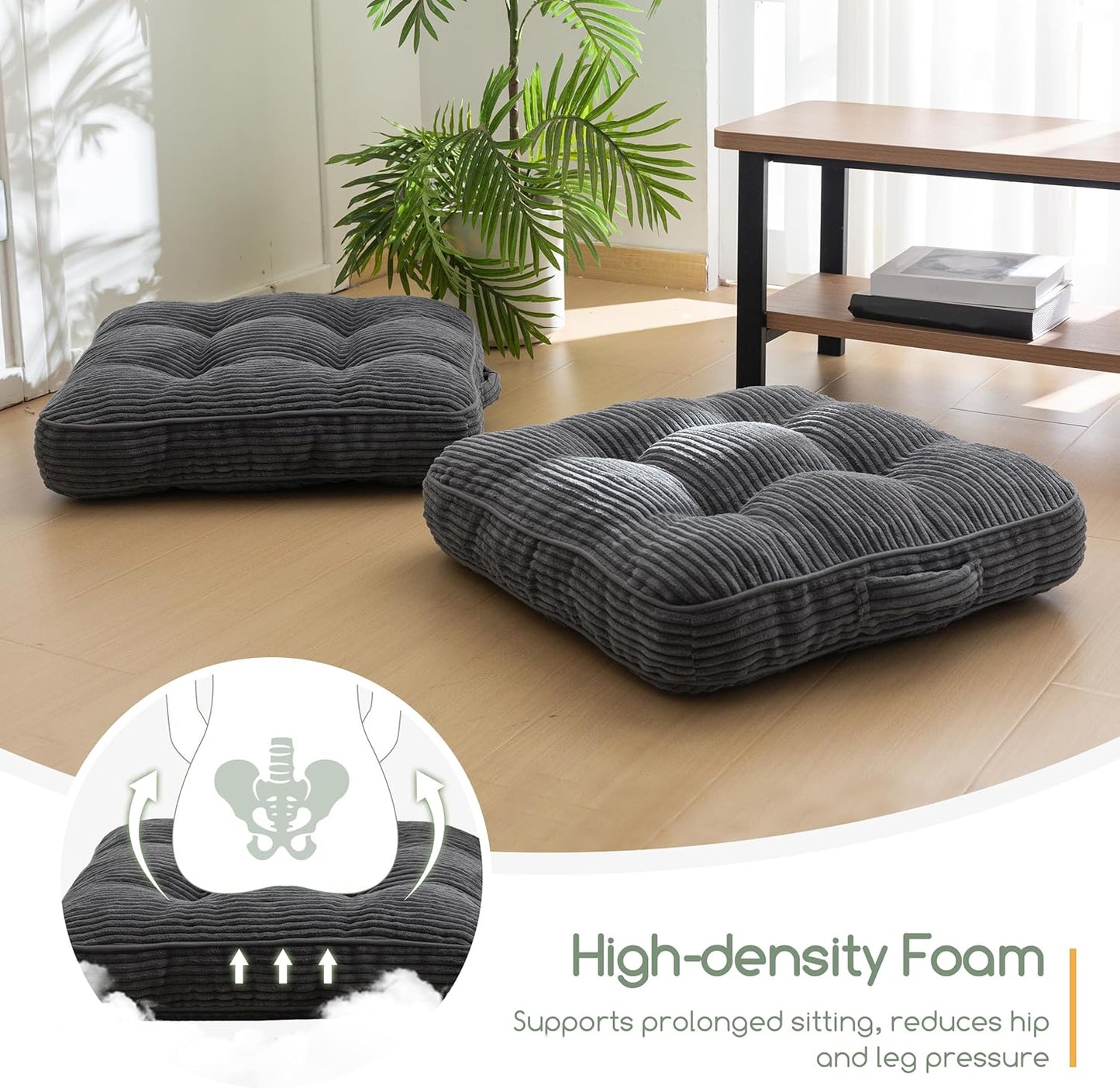 HIGOGOGO 6" Extra Thick Floor Pillow Cushion for Adults, Meditation Cushion Pillow, Large Square Floor Sitting, Tufted Corduroy Cover, for Tatami Living Room or Yoga, 22x22 Inch, 2Pack, Dark Grey