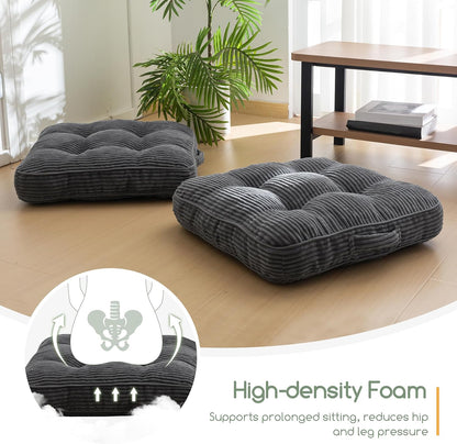 HIGOGOGO 6" Extra Thick Floor Pillow Cushion for Adults, Meditation Cushion Pillow, Large Square Floor Sitting, Tufted Corduroy Cover, for Tatami Living Room or Yoga, 22x22 Inch, 2Pack, Dark Grey
