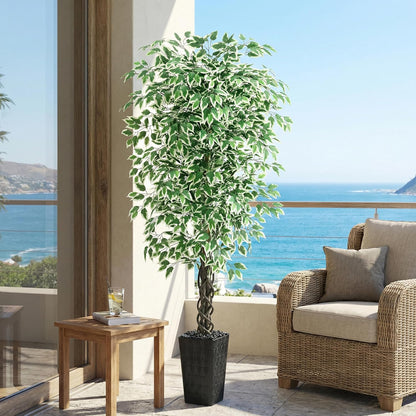 Artificial Ficus Tree 6FT Faux Plants Indoor Tall Fake Plants with White Planter, Green Lifelike Lush Fake Ficus Tree for Home Living Room Bedroom Outdoor Balcony House Office Decor