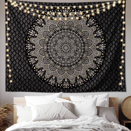 Black Mandala Tapestry Wall Hanging Psychedelic Wall Tapestry Aesthetic Indian Hippie Decor Bohemian Art Boho Home Decoration for Bedroom,Living Room,Dorm