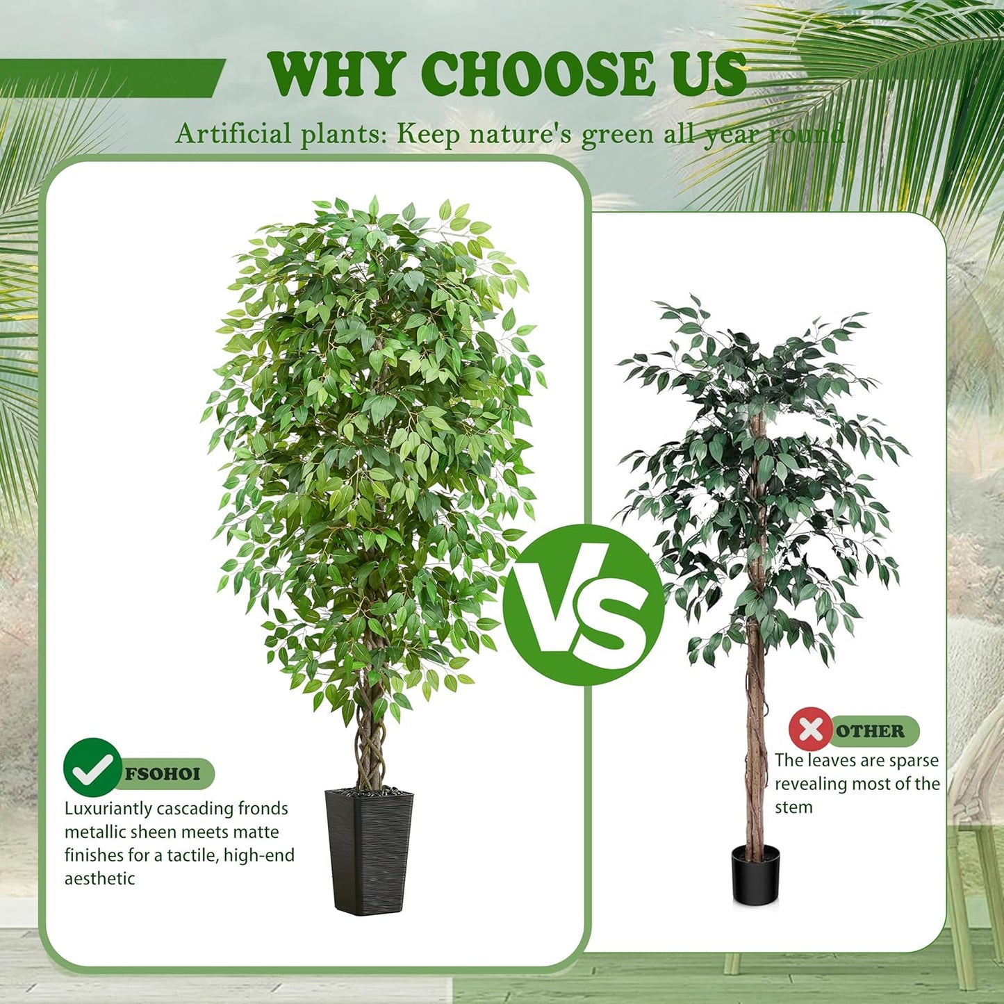 Artificial Ficus Tree 6FT Faux Plants Indoor Tall Fake Plants with White Planter, Green Lifelike Lush Fake Ficus Tree for Home Living Room Bedroom Outdoor Balcony House Office Decor