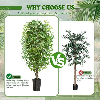 Artificial Ficus Tree 6FT Faux Plants Indoor Tall Fake Plants with White Planter, Green Lifelike Lush Fake Ficus Tree for Home Living Room Bedroom Outdoor Balcony House Office Decor