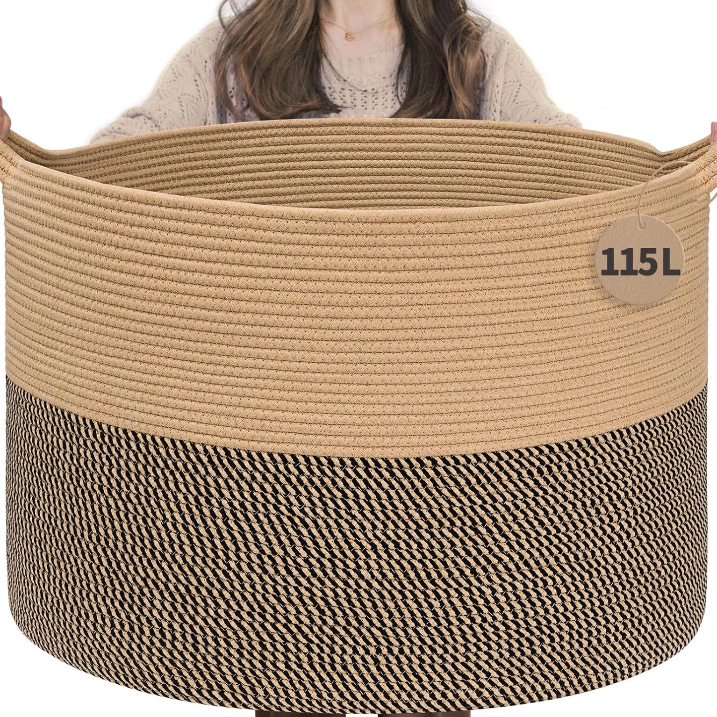INDRESSME XXXLarge Blanket Basket for Living Room 21.7" x 21.7" x 13.8"-Storage Basket with Handle for Organizing Toy Pillows Woven Cotton Rope Laundry Basket Stuffed Animal Toy Storage for Play Room
