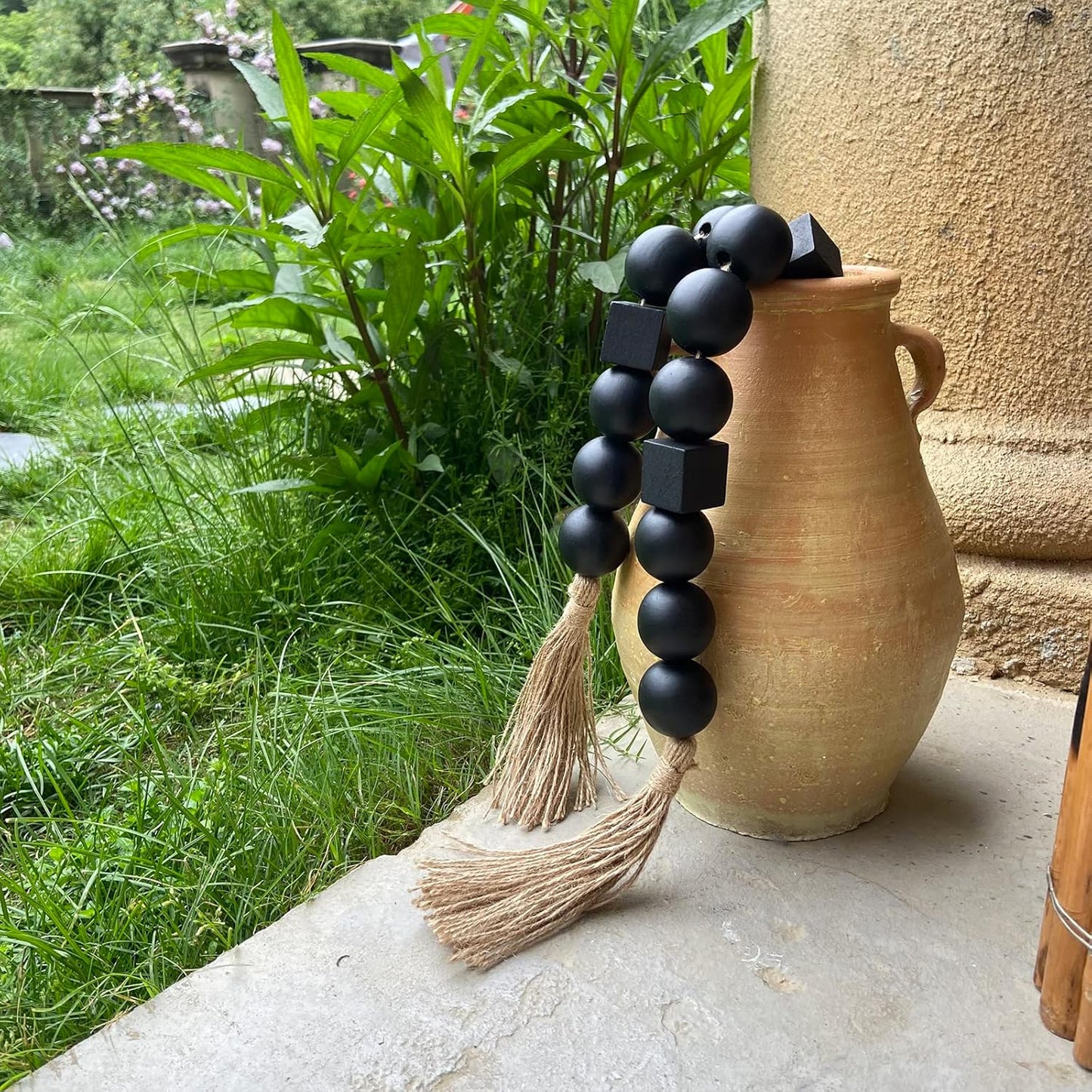OMISHE Extra Large Wood Bead Garland with 1.6" Diameter Wooden Beads and Tassels, 41" Long Rustic Farmhouse Country Decorative Beads for Home Tiered Tray Decor, Natural Beige