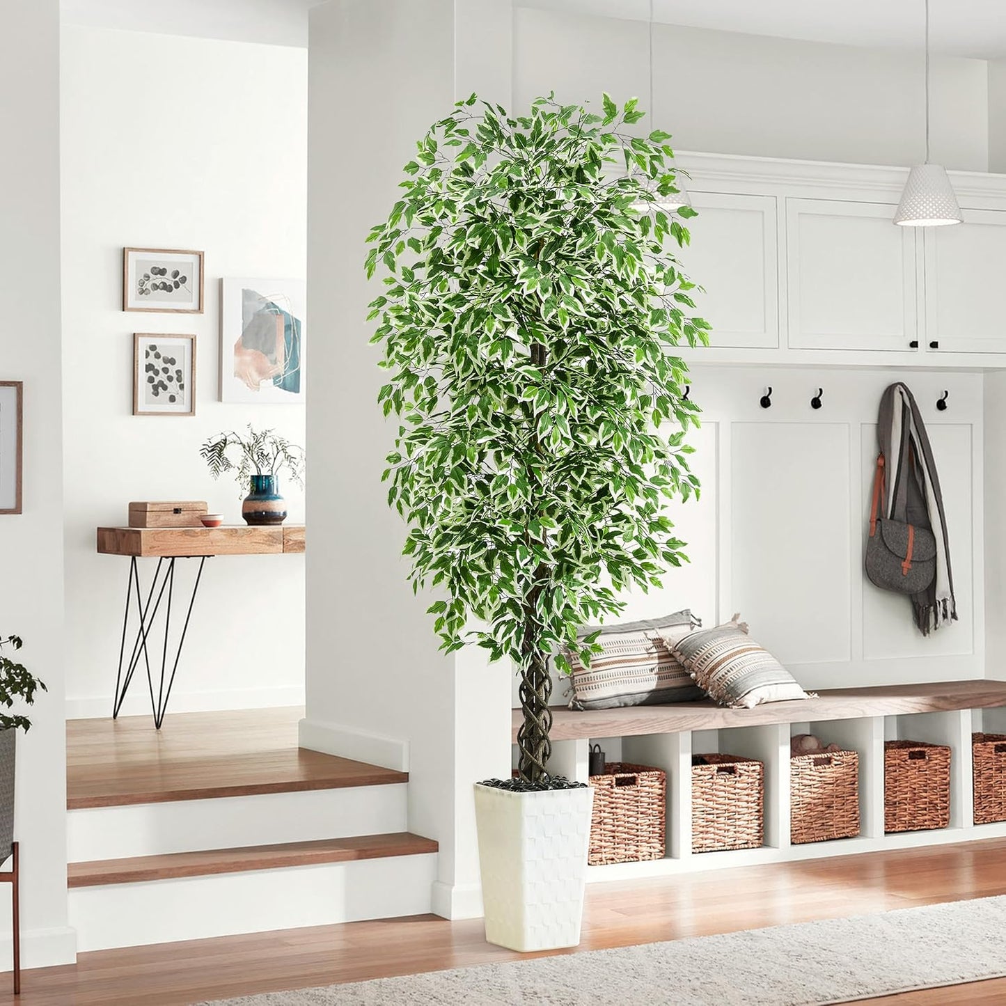 Artificial Ficus Tree 6FT Faux Plants Indoor Tall Fake Plants with White Planter, Green Lifelike Lush Fake Ficus Tree for Home Living Room Bedroom Outdoor Balcony House Office Decor