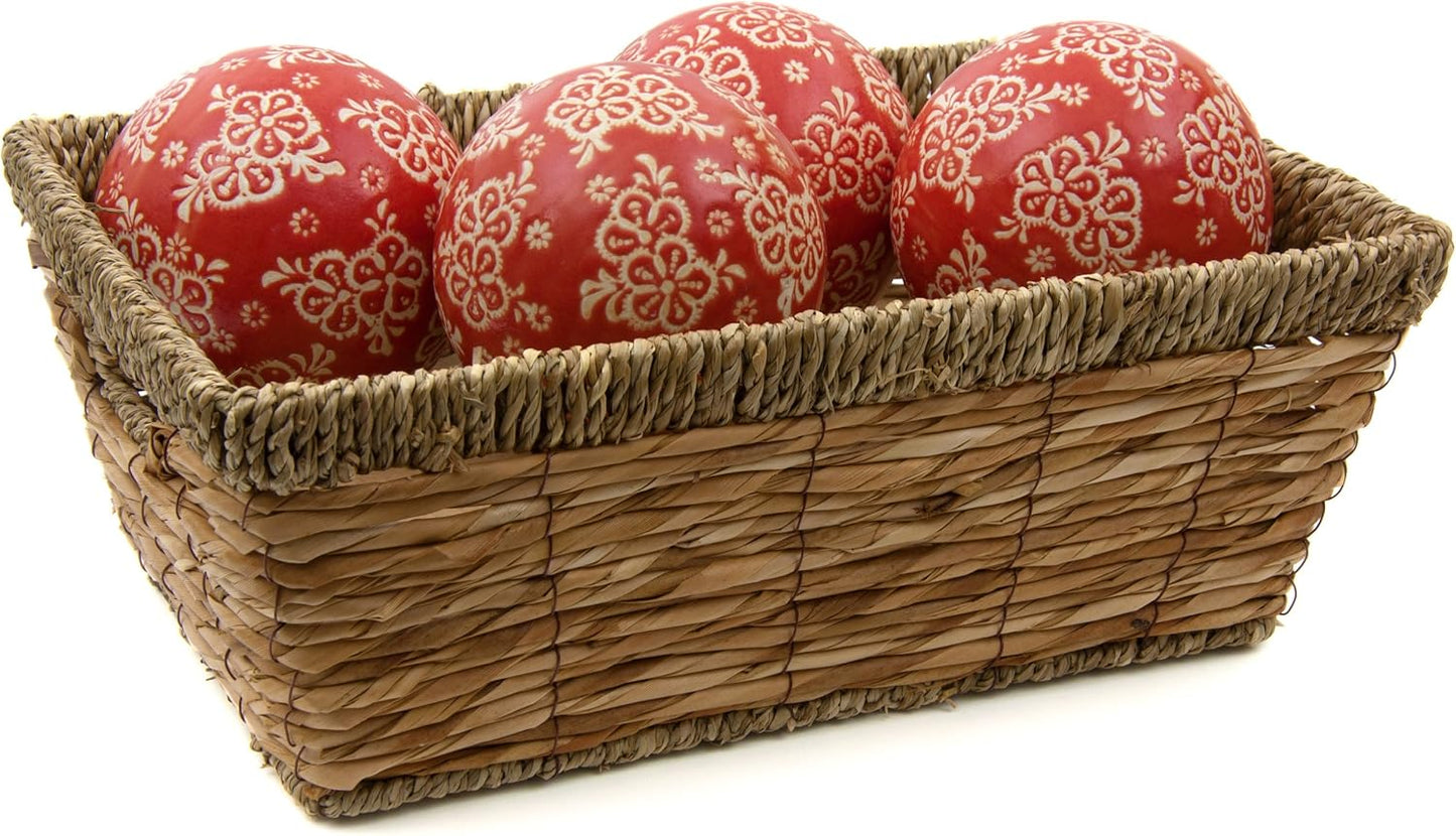 Red Lantern 4" Porcelain Ball Set - Set of 4 Decorative Balls, Red and Beige Vines