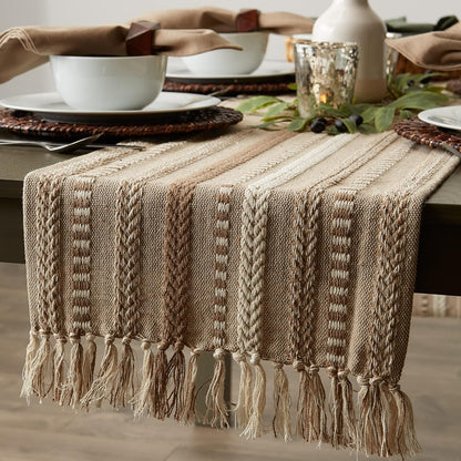 DII Farmhouse Braided Stripe Table Runner Collection, 15x72 (15x77, Fringe Included), Black