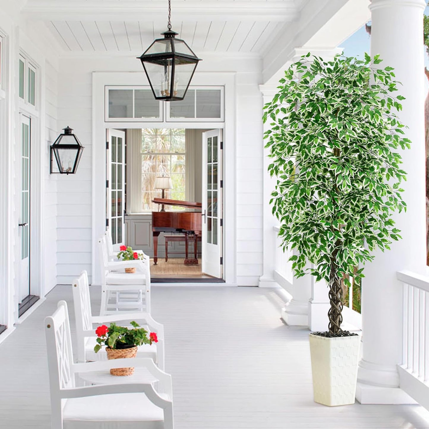 Artificial Ficus Tree 6FT Faux Plants Indoor Tall Fake Plants with White Planter, Green Lifelike Lush Fake Ficus Tree for Home Living Room Bedroom Outdoor Balcony House Office Decor