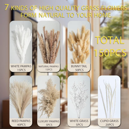 floradream 95 PCS Natural Pampas Grass Decor Bouquet | Boho Dried Floral Arrangement Centerpiece Table Decor Wedding Decor Rustic Decor, Natural, white, beige (Fdm-b-01)