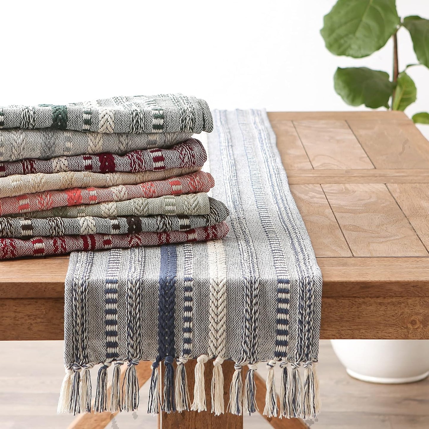 DII Farmhouse Braided Stripe Table Runner Collection, 15x72 (15x77, Fringe Included), Black