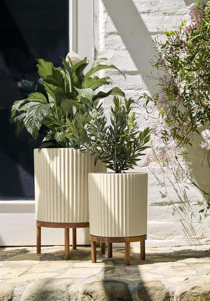 Veradek Demi Series Round Planter w/ Stand for Porch/Patio | Durable Plastic-Concrete & Wooden Stand | Modern Décor for Tall Plants, Flowers