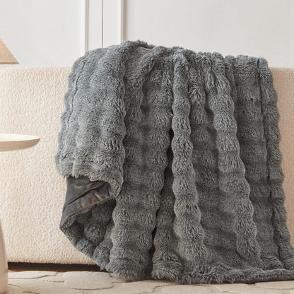 COOVA Faux Fur Throw Blanket for Couch, Cozy Soft and Fuzzy Plush Rabbit Fur Bubble Blanket for Sofa Bedroom Living Room, 50x60 Inches Tie Dye Brown