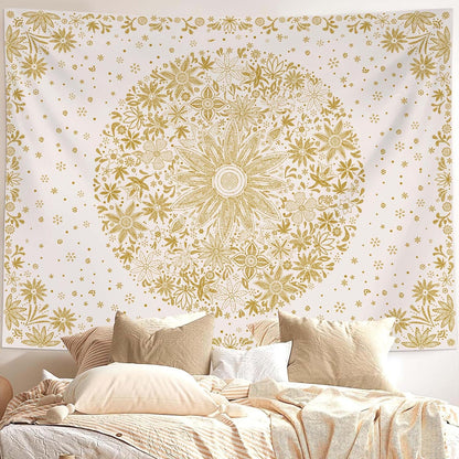 Neasow Bohemian Tapestry Wall Hanging, Beige White Floral Tapestry with Dotted Daisy Medallion Print Bedroom Boho Hippie Home Decor, 36×48 inches