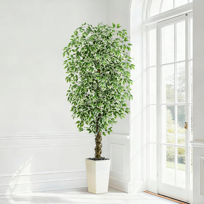 Artificial Ficus Tree 6FT Faux Plants Indoor Tall Fake Plants with White Planter, Green Lifelike Lush Fake Ficus Tree for Home Living Room Bedroom Outdoor Balcony House Office Decor