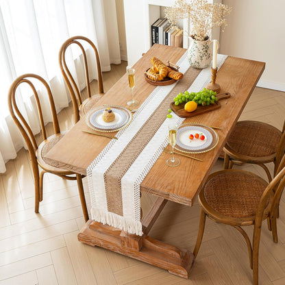 FEXIA Boho Table Runner for Thanksgiving Fall Christmas Home Decor with Tassels 72 Inches Long Pottery barn Furniture Farmhouse Rustic Macrame Burlap Table Decoration for Living Room (12x72 Inches)