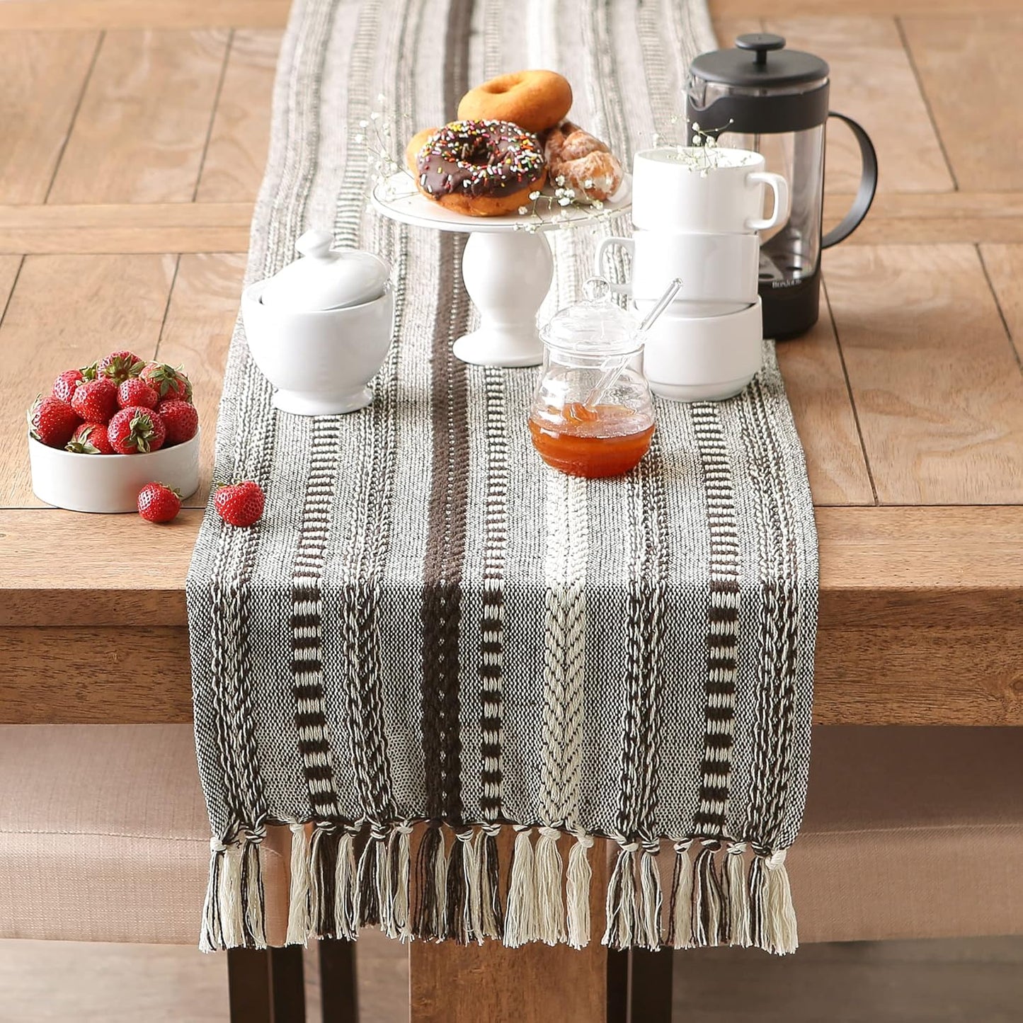 DII Farmhouse Braided Stripe Table Runner Collection, 15x72 (15x77, Fringe Included), Black
