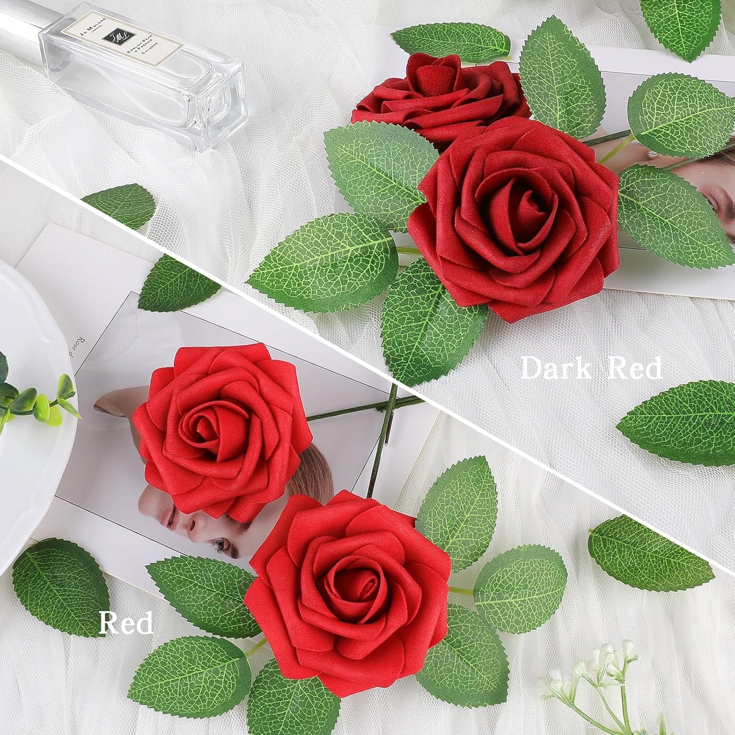 AmyHomie Artificial Flowers Dark Red Rose 25pcs Real Looking Fake Roses w/Stem for DIY Wedding Bouquets Centerpieces Arrangements Party Baby Shower Mothers Day Christmas Tree Decorations