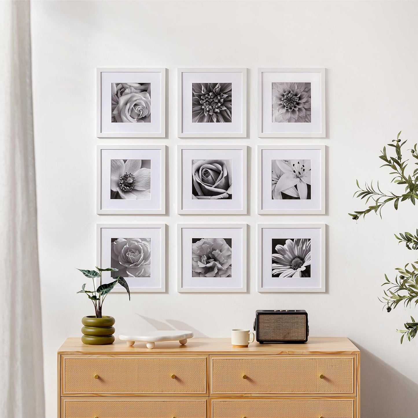 eletecpro 12x12 Picture Frames Set of 9 with Clear Acrylic Cover, Display 8x8 Photos with Mat or 12x12 Without, Classic and Sturdy Square Collage Gallery Wall Decor, Easy Wall Mount, Black