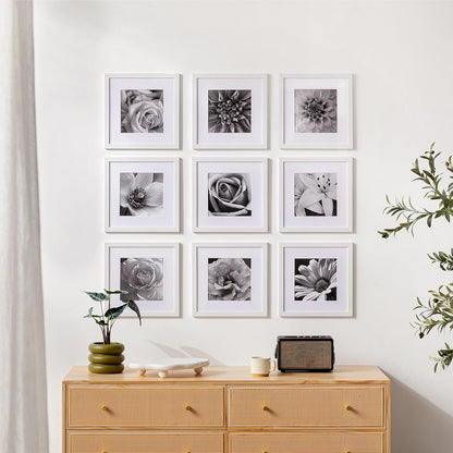 eletecpro 12x12 Picture Frames Set of 9 with Clear Acrylic Cover, Display 8x8 Photos with Mat or 12x12 Without, Classic and Sturdy Square Collage Gallery Wall Decor, Easy Wall Mount, Black