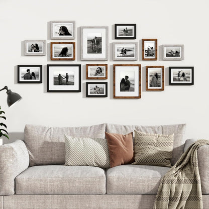 Venusmiles 15 Pack Picture Frames Collage Wall Decor, Gallery Frame Set for Wall Mounting or Tabletop Display, Multi Sizes Including 3pcs 8x10, 6pcs 5x7, 6pcs 4x6, Oak