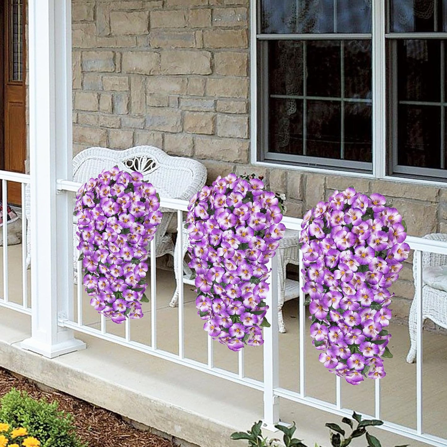 HyeFlora Artificial Flowers for Outdoors, 2pcs Faux Silk Pansies Flowers UV Resistant Fake Hanging Flower Plants for Outside Planters Porch Yard Patio Window Box (Mix Purple)