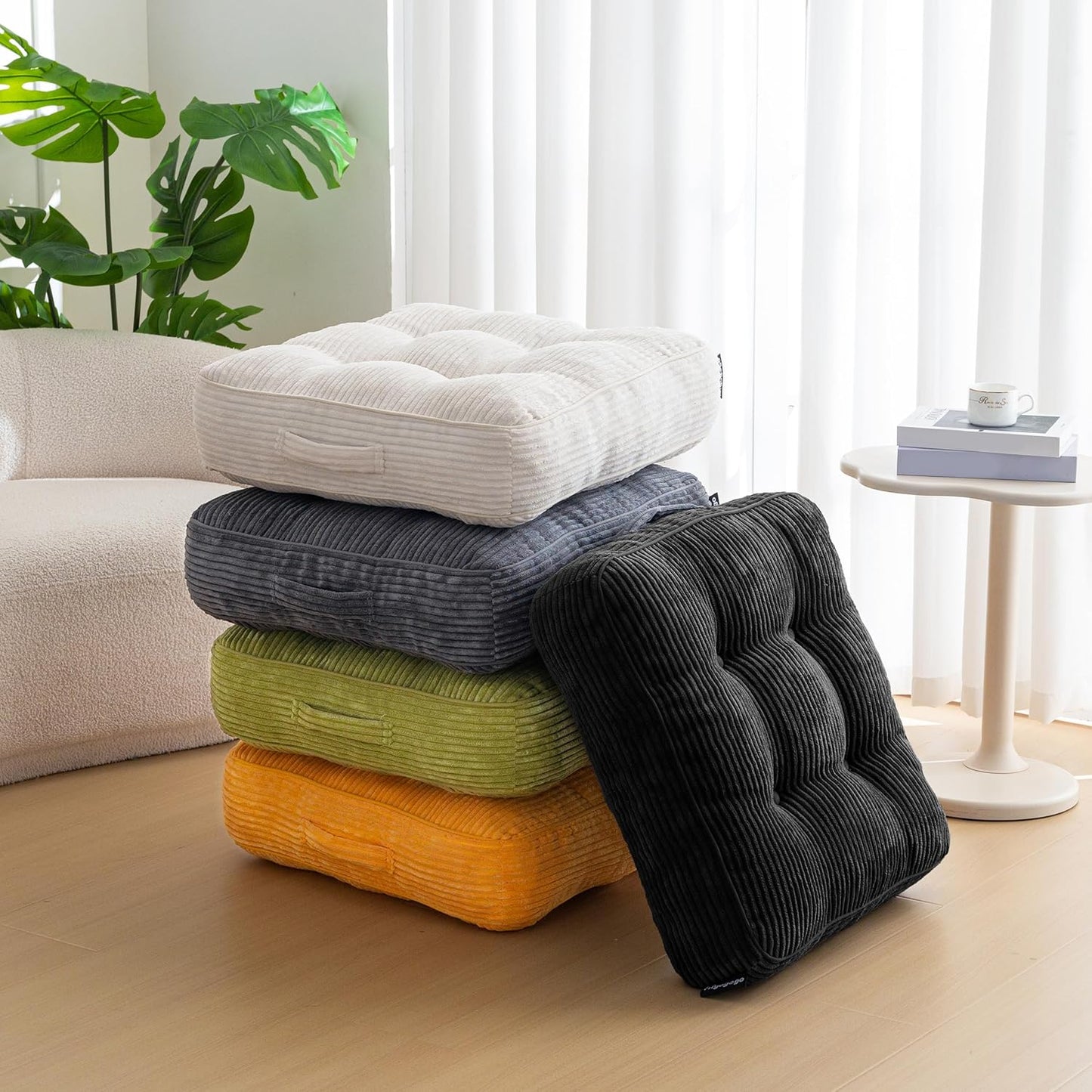 HIGOGOGO 6" Extra Thick Floor Pillow Cushion for Adults, Meditation Cushion Pillow, Large Square Floor Sitting, Tufted Corduroy Cover, for Tatami Living Room or Yoga, 22x22 Inch, 2Pack, Dark Grey