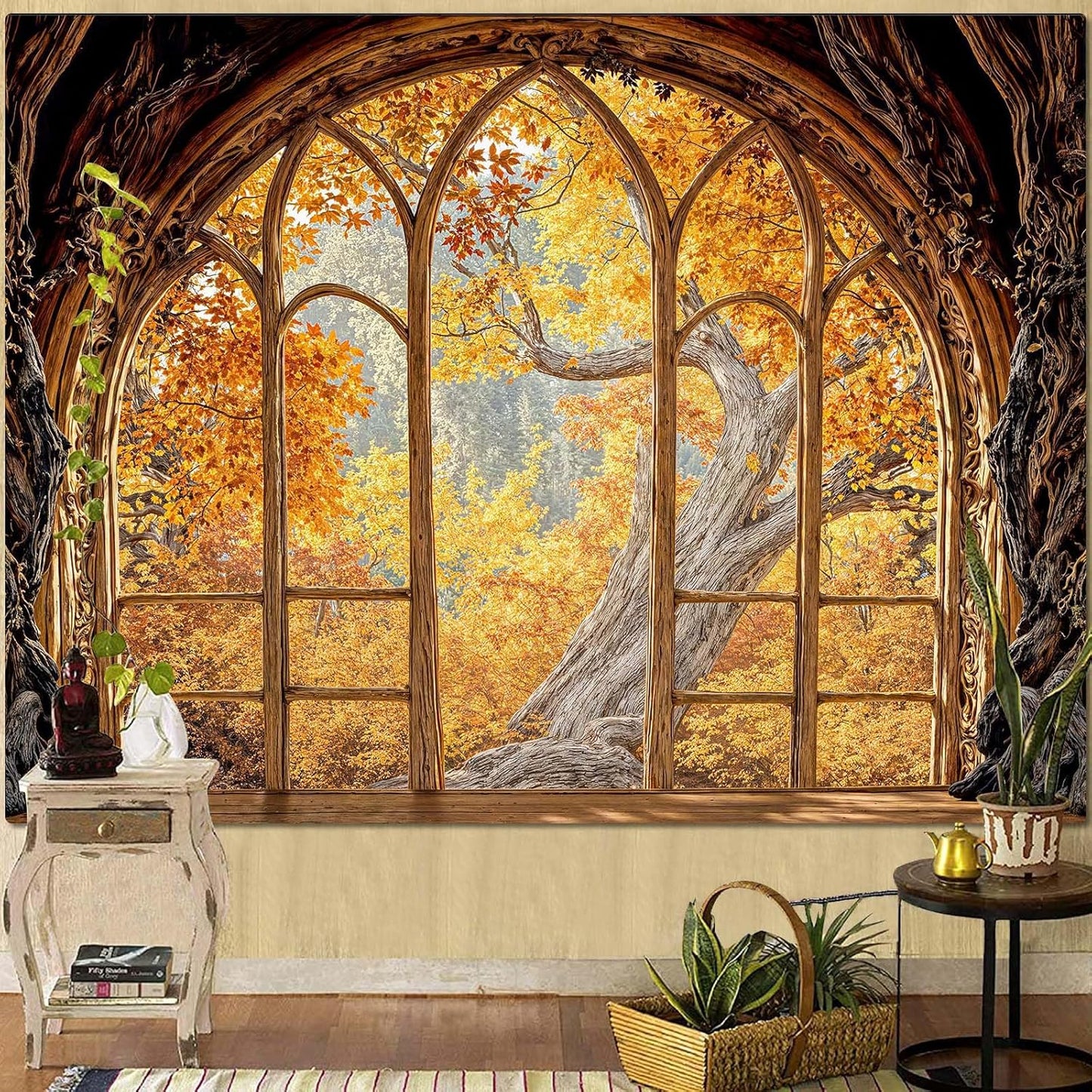 Lifeella Fantasy Castle Window Tapestry, Magic Woodland Scene Large Wall Backdrop, Fairytale Moon Mural for Bedroom Dorm Living Room Decor, 60x80 inches