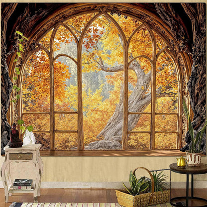 Lifeella Fantasy Castle Window Tapestry, Magic Woodland Scene Large Wall Backdrop, Fairytale Moon Mural for Bedroom Dorm Living Room Decor, 60x80 inches