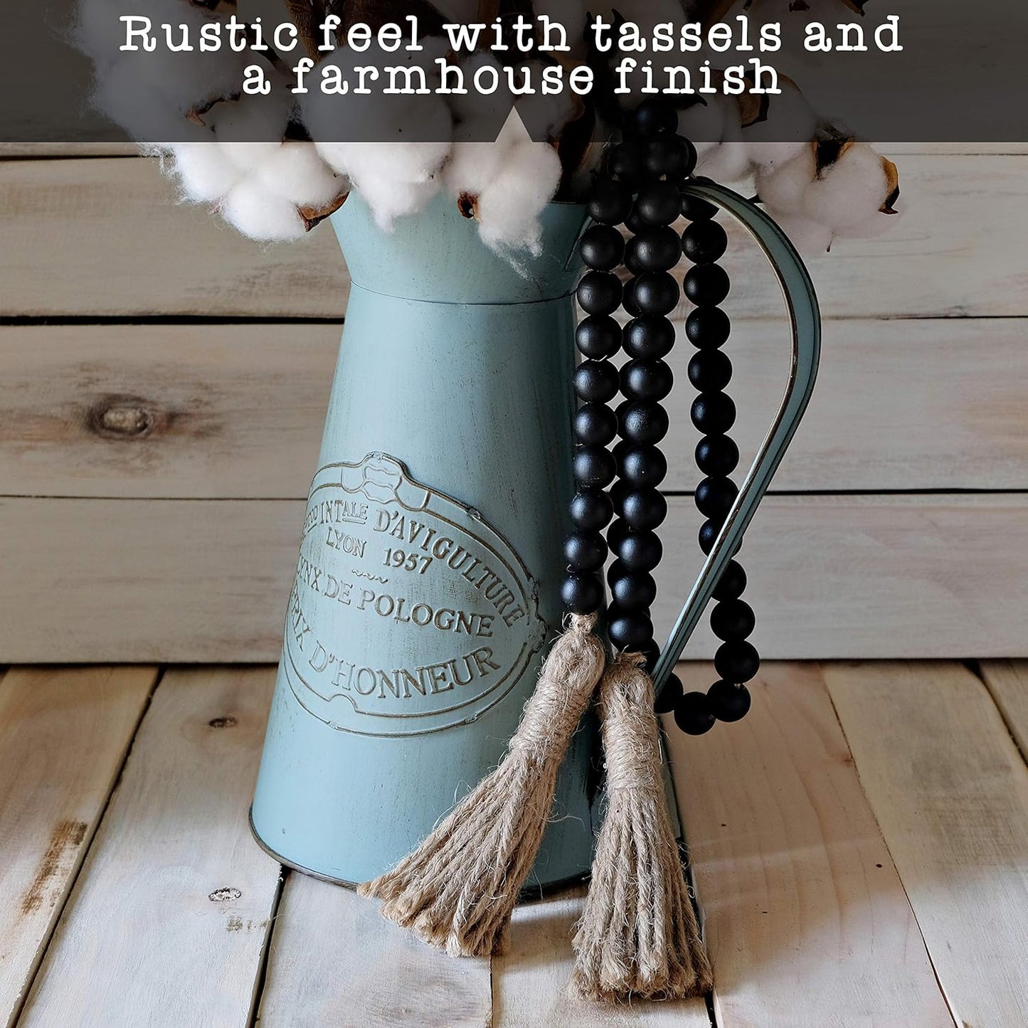 Farmhouse Wood Bead Garland Home Decor, Natural Wooden Garland for Tiered Tray, Decorative Tassel for Tier Tray, Rustic Beads Centerpiece Boho Table Decor, Beaded Accent White Washed