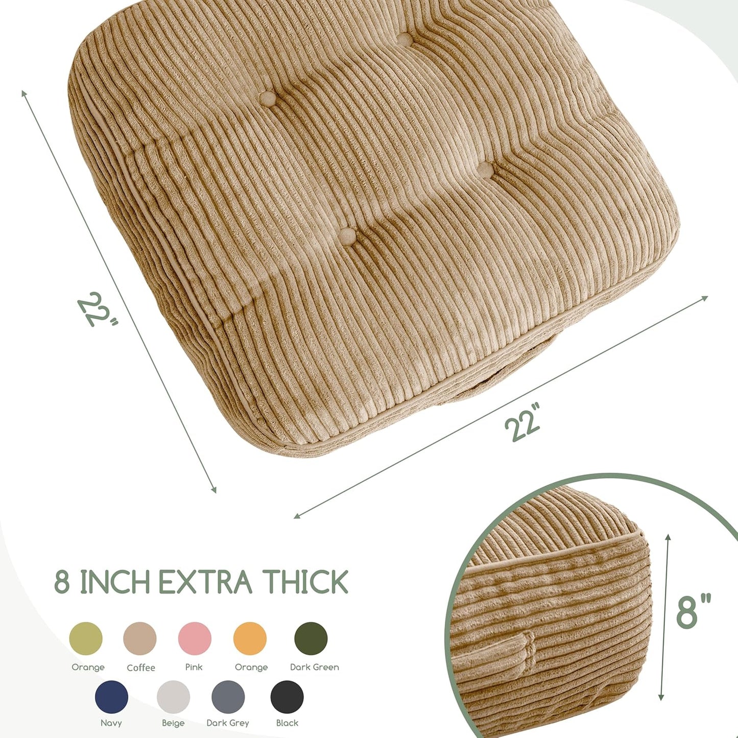 HIGOGOGO 6" Extra Thick Floor Pillow Cushion for Adults, Meditation Cushion Pillow, Large Square Floor Sitting, Tufted Corduroy Cover, for Tatami Living Room or Yoga, 22x22 Inch, 2Pack, Dark Grey