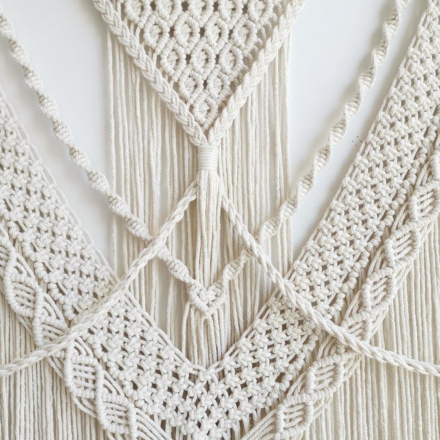 oiikain Large Handmade Boho Macrame Wall Hanging Tapestry - Chic Bohemian Woven Home Decor art for Living Room, Bedroom, and Wedding Parties (Beige, twelve rhombus)