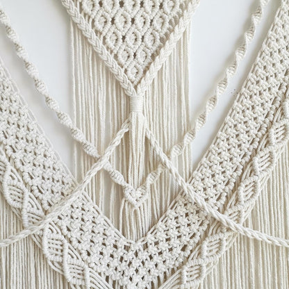 oiikain Large Handmade Boho Macrame Wall Hanging Tapestry - Chic Bohemian Woven Home Decor art for Living Room, Bedroom, and Wedding Parties (Beige, twelve rhombus)