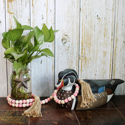 CVHOMEDECO. Wood Beads Garland with Tassels Farmhouse Rustic Wooden Prayer Bead String Wall Hanging Accent for Home Festival Decor. Mix Distressed