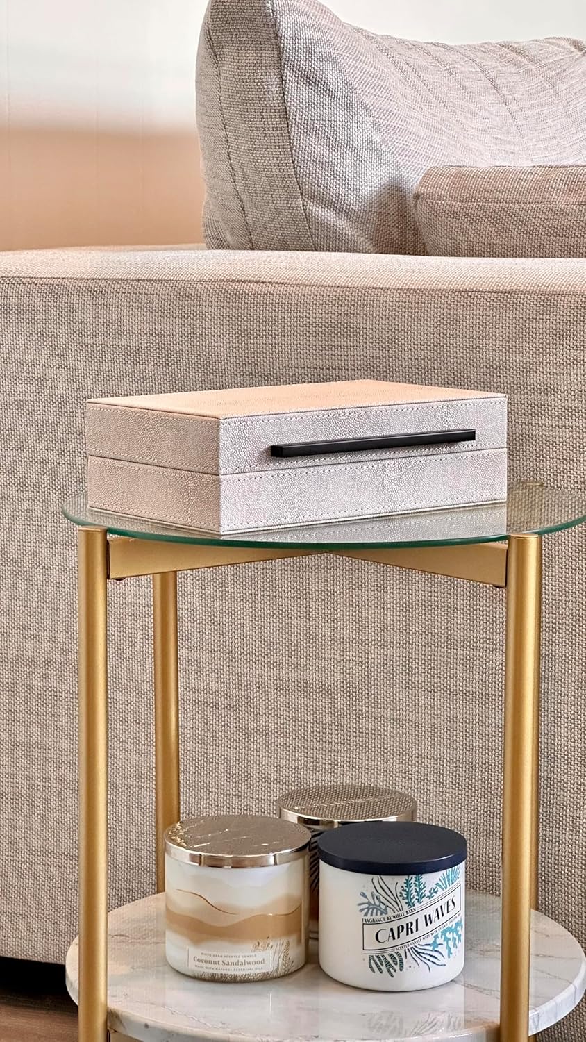 Sagala Set of 2 Ivory Shagreen Decorative Boxes With Brushed Gold Metal Handles, Faux Leather Jewelry Boxes Modern Storages Photo Memory Boxes Home Organizer Boxes (Ivory-Gold, 2pack)