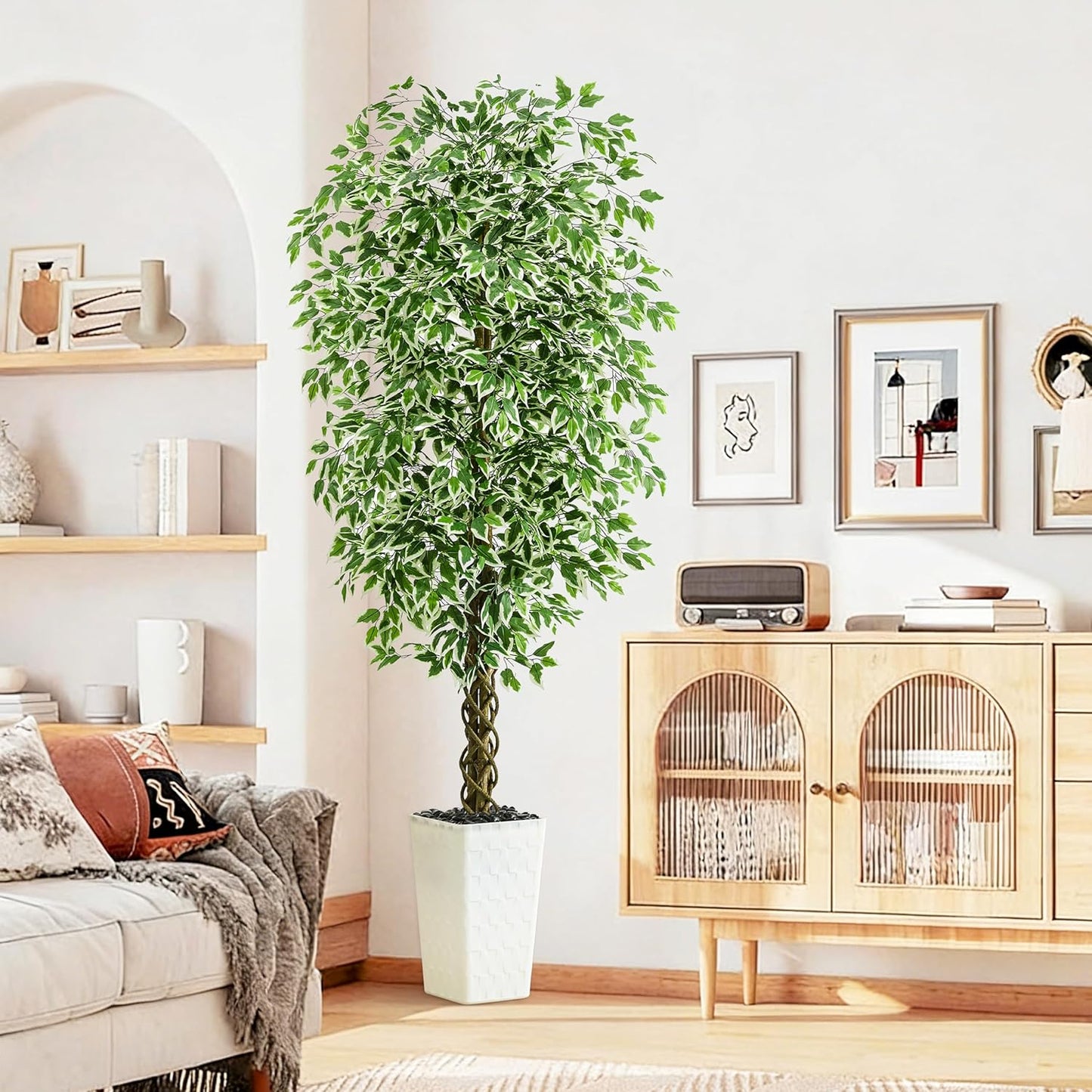 Artificial Ficus Tree 6FT Faux Plants Indoor Tall Fake Plants with White Planter, Green Lifelike Lush Fake Ficus Tree for Home Living Room Bedroom Outdoor Balcony House Office Decor