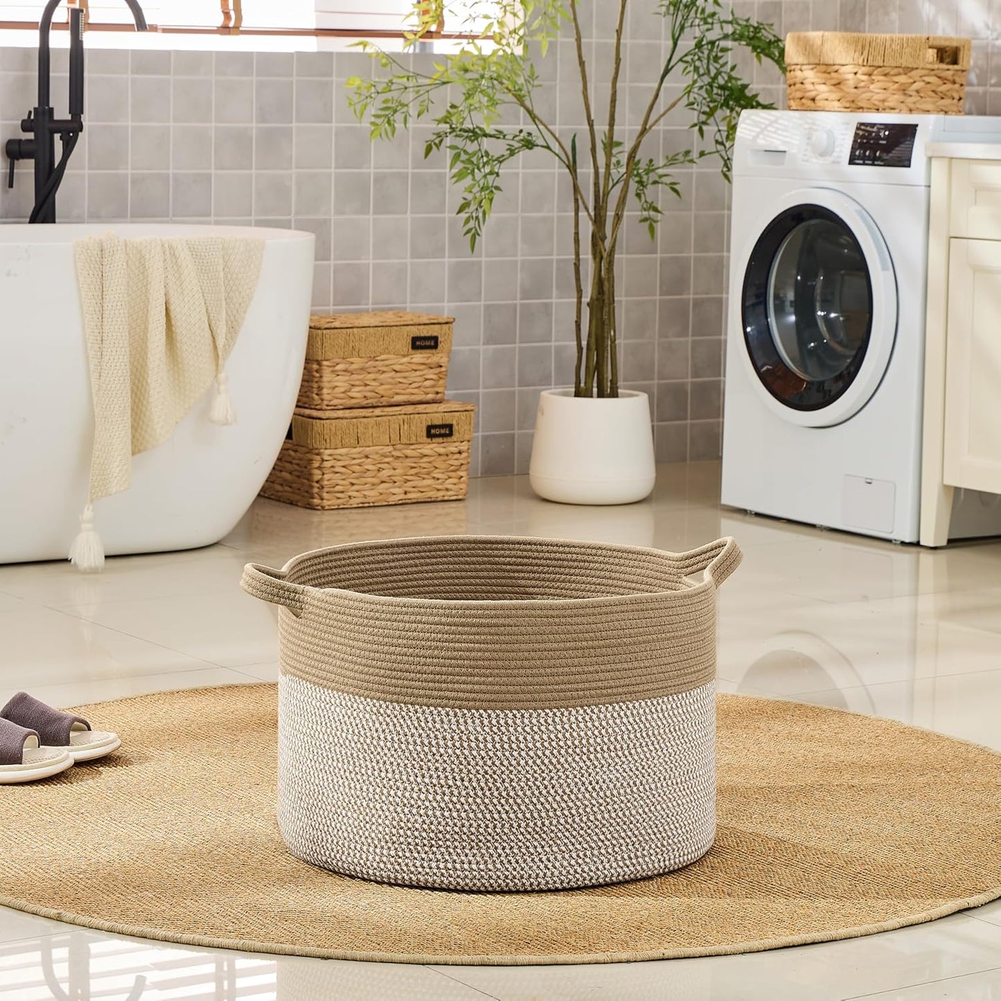 KAKAMAY Large Blanket Basket (20"x13"),Woven Baskets for storage Baby Laundry Hamper, Cotton Rope Blanket Basket for Living Room, Laundry, Nursery, Pillows, Baby Toy chest (White/Brown)