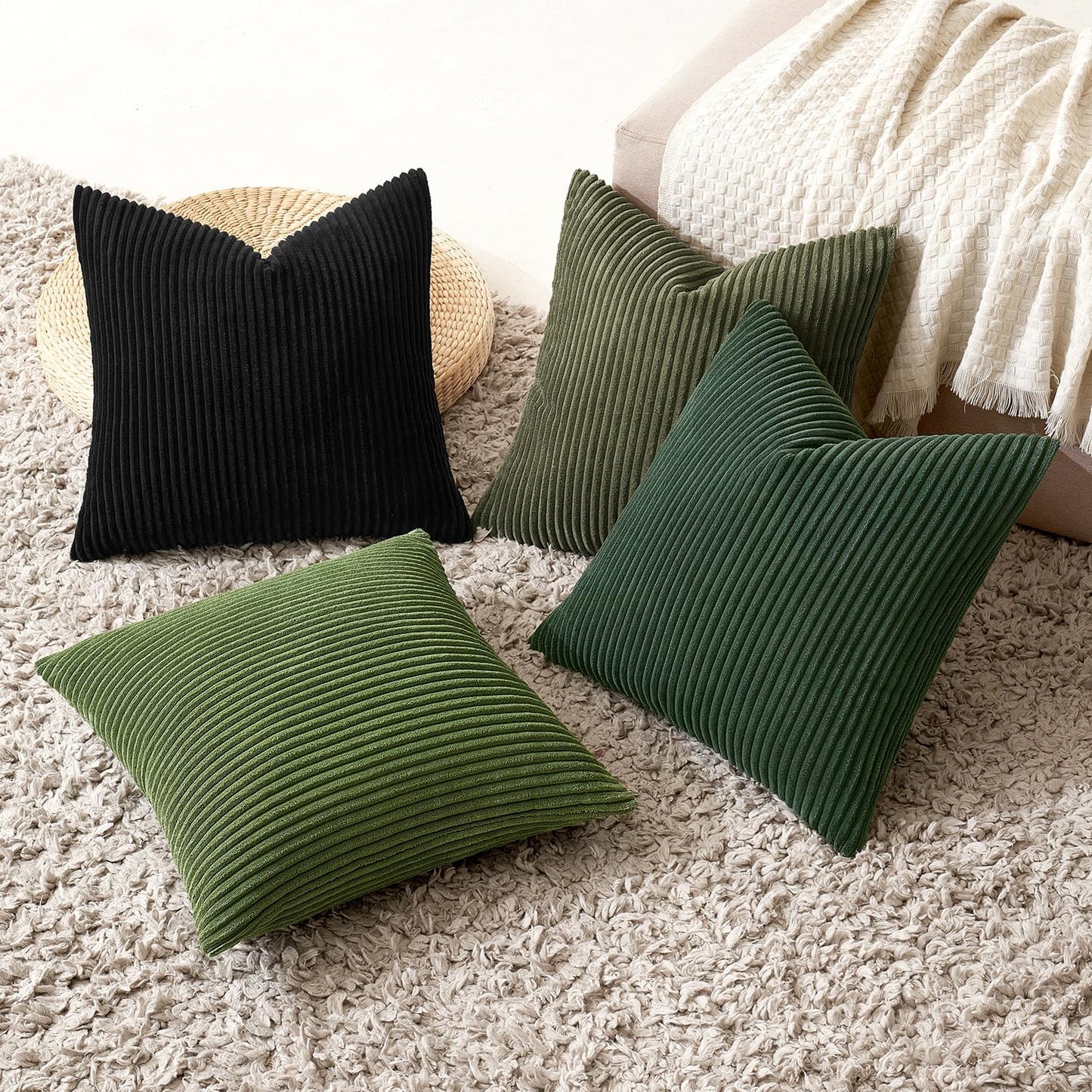 MIULEE Boho Farmhouse Sage Green Throw Pillow Covers 18x18 Inch Set of 4 Mordern Nordic Cushion Covers Soft Corduroy Spring Home Decor for Couch Bed Sofa Living Room Forest Green