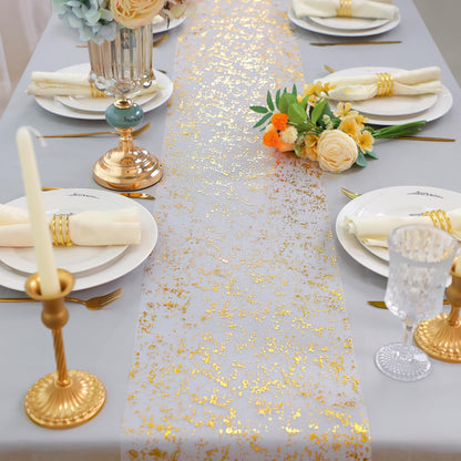 Snowkingdom 2 Pieces Gold Table Runner, Sequin Glitter Foil Metallic Thin Mesh Runner Roll 11"x108", Gold Table Decorations for Event Party, Wedding, Birthday Party, Christmas