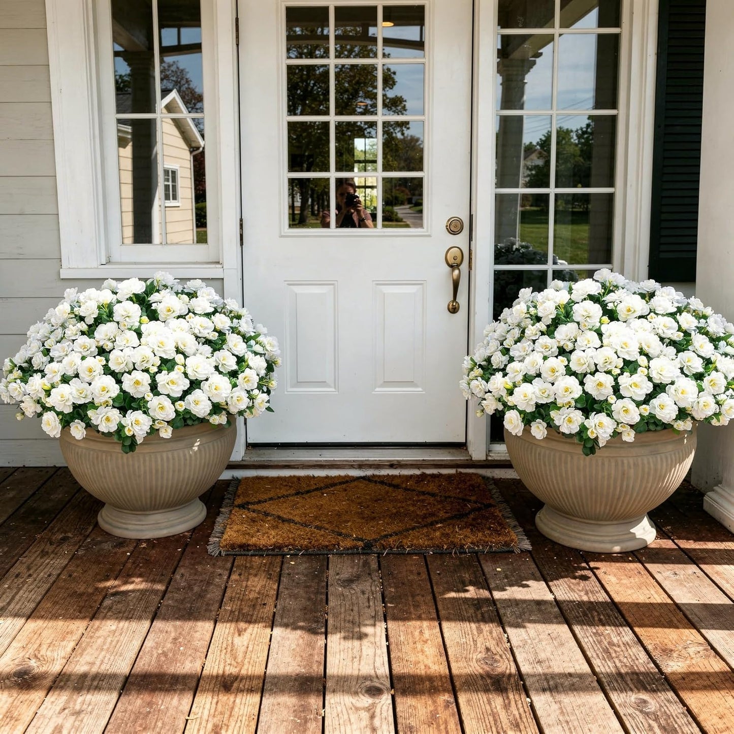 Ivydale Artificial Fake Flowers Plants for Outdoor Outside Spring Decor, Faux Silk Yellow Camellia UV Resistant Look Real for Planter Pot Porch Patio Balcony Garden Yard, 3 Large Bundles
