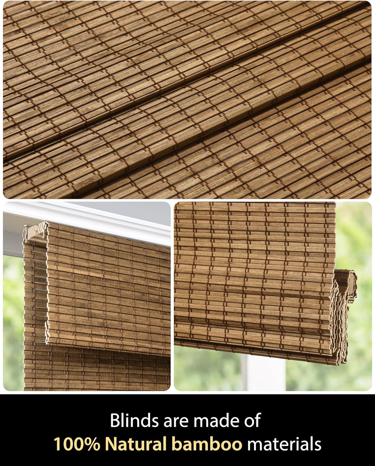 UNISHADES Cordless Bamboo Roman Shades for Windows, Blinds Size (30.5" W ×48" H) Colour (Highfield Teak)