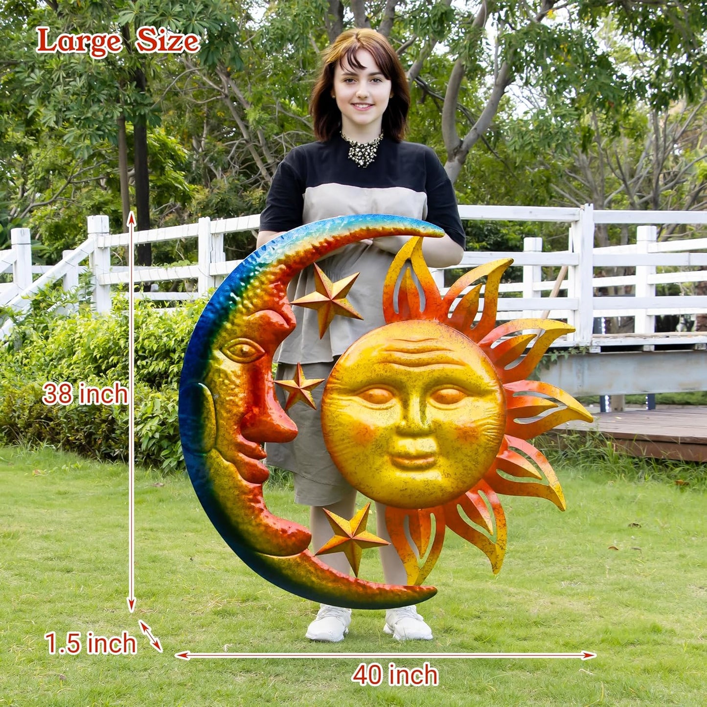 Large Sun Wall Art Decor 45 inch Metal Wall Art, Retro Hanging Decor, Valentine Wall Decorations for Patio,Yard,Garden,Fence,Living Room